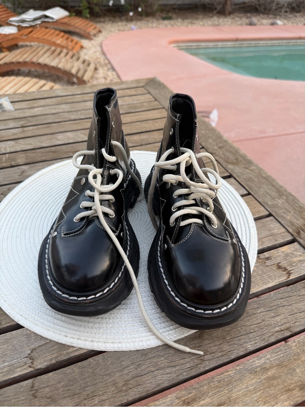 Alexander McQueen Black Lace-Up Platform Combat Boots with White Laces